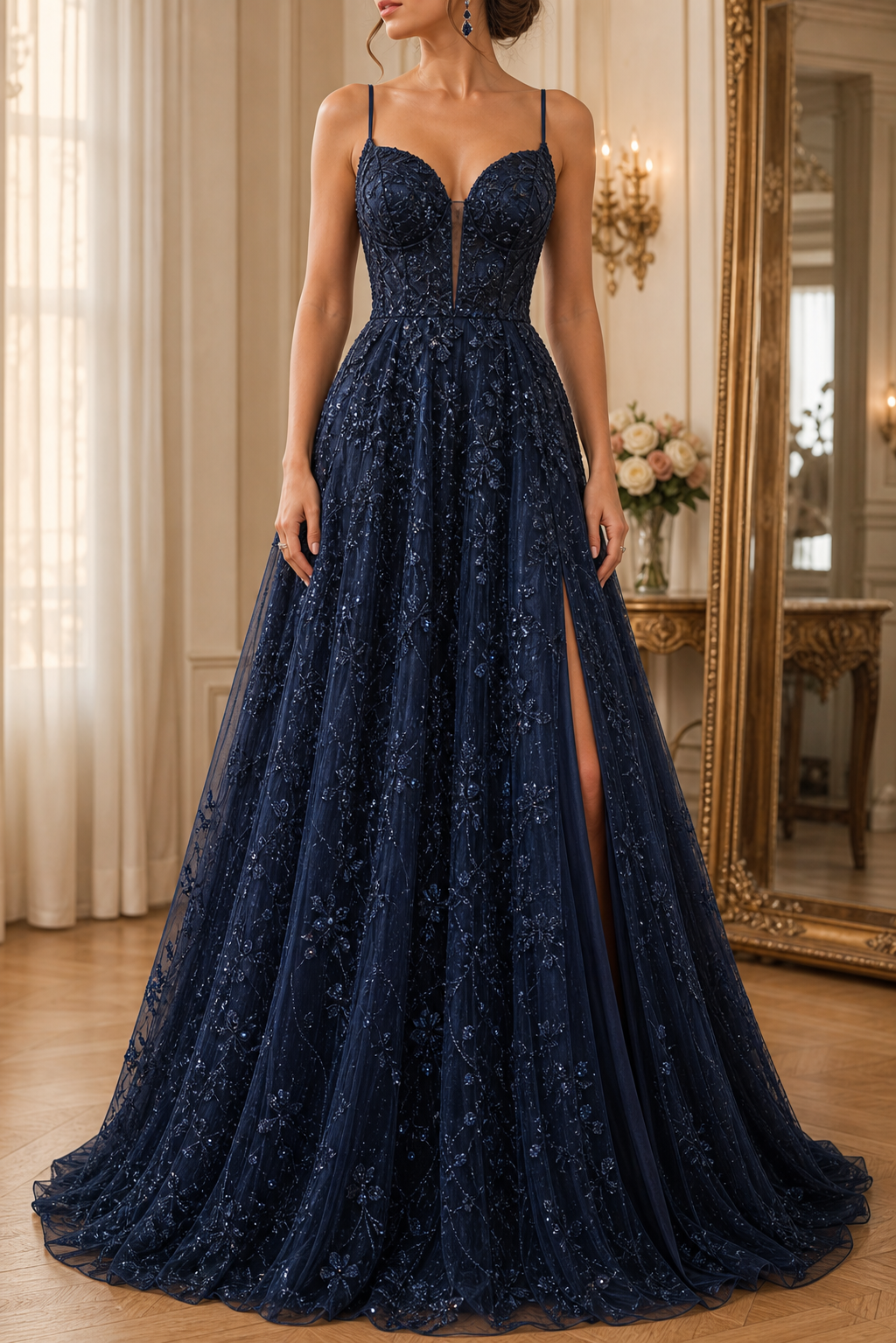 Vestido de gala bordado.
