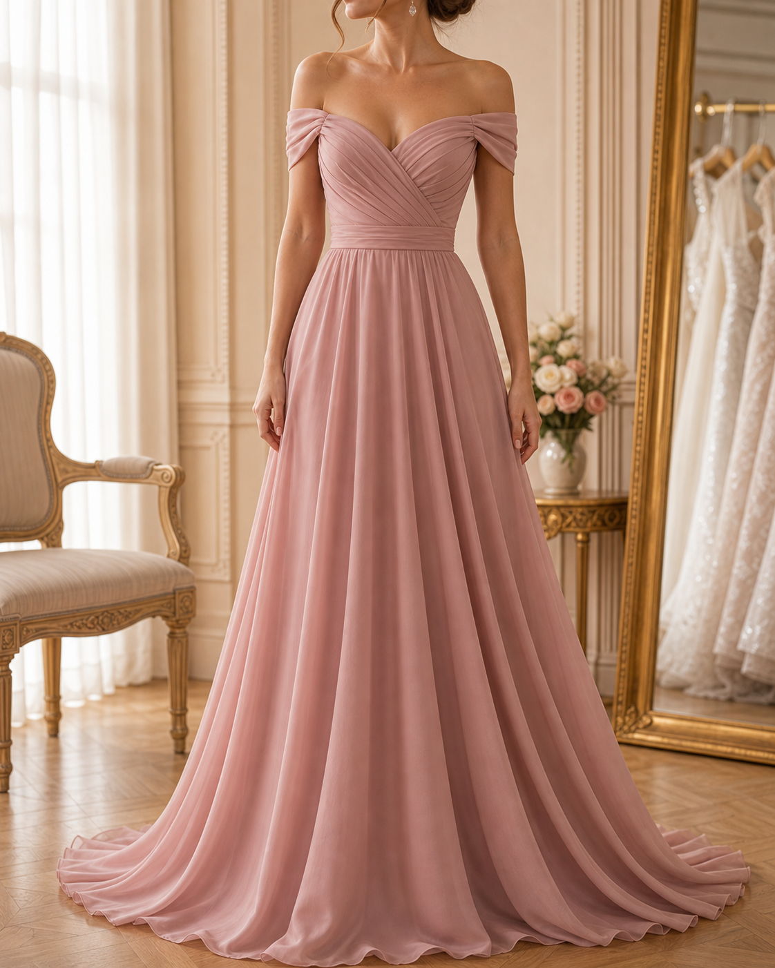Vestido de madrinha decote ombro.