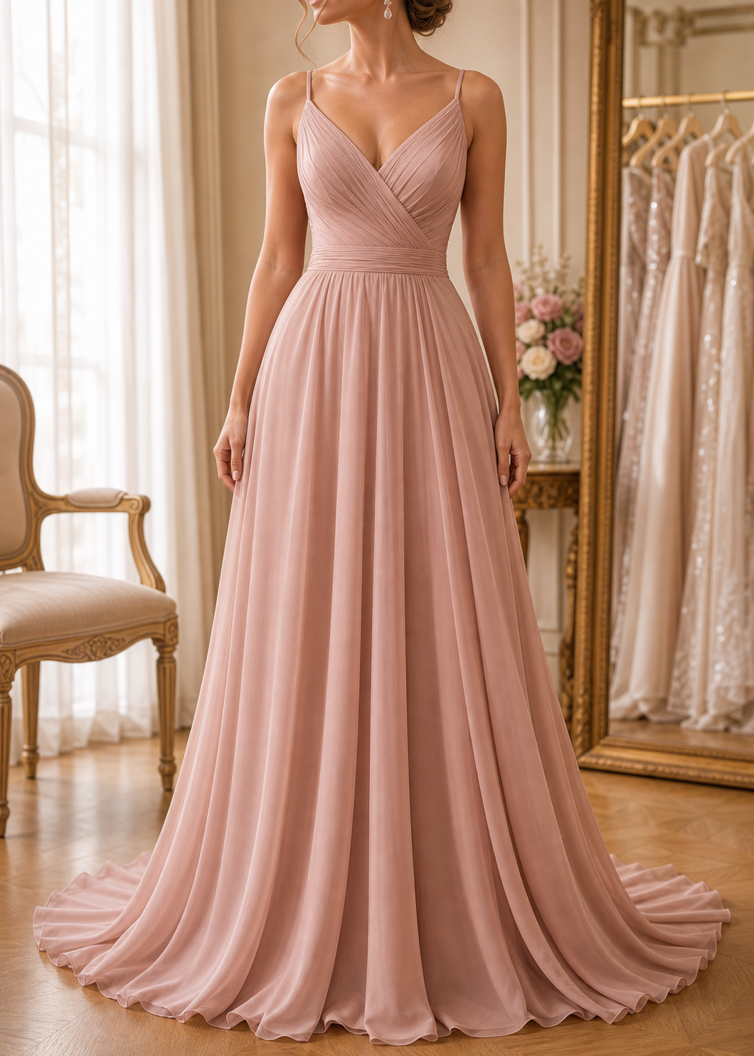 Vestido de madrinha plissado.