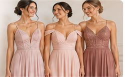Três madrinhas com vestidos rosé.